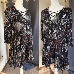 Entro Floral Lattice‎ V-Neck Mini Dress Black 3/4 Sleeve Size Large